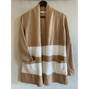 LOFT Tan/Beige and White Wide Stripe Long Cardigan Shawl Collar Size XS